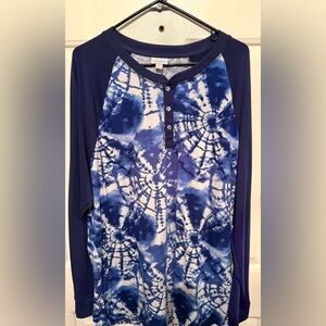 LuLaRoe White and Blue Tie-Dye Mark Henley Top